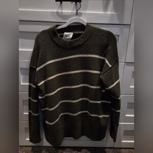 Aerie Dark Green and Cream Striped Crewneck Sweater XS